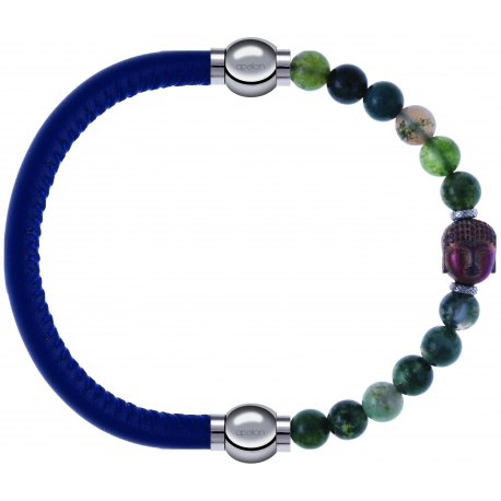 Apollon - Collection MiX - bracelet combinable cuir italien bleu - 10,25cm + agate verte 6mm - Bouddha - 10cm