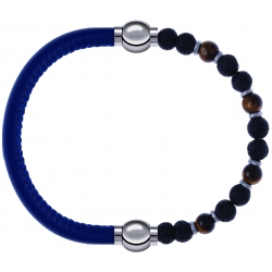 Apollon - Collection MiX - bracelet combinable cuir italien bleu - 10,25cm + oeil de tigre - pierre de lave 6mm - 10,75cm