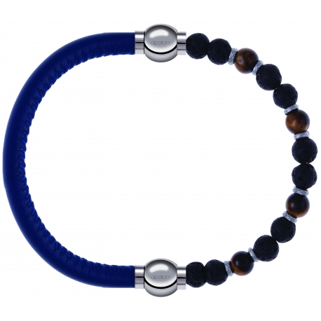 Apollon - Collection MiX - bracelet combinable cuir italien bleu - 10,25cm + oeil de tigre - pierre de lave 6mm - 10,75cm