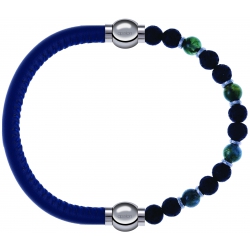 Apollon - Collection MiX - bracelet combinable cuir italien bleu - 10,25cm + agate teintée verte - pierre de lave 6mm - 10,75cm