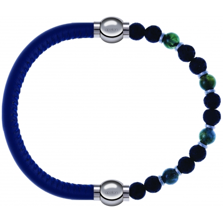 Apollon - Collection MiX - bracelet combinable cuir italien bleu - 10,25cm + agate teintée verte - pierre de lave 6mm - 10,75cm