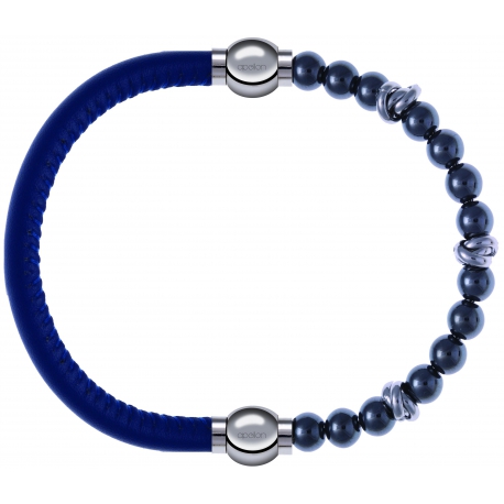 Apollon - Collection MiX - bracelet combinable cuir italien bleu - 10,25cm + hématite 6mm - 10cm