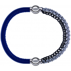 Apollon - Collection MiX - bracelet combinable cuir italien bleu - 10,25cm + chaines 2 tons noir et blancs - 10,25cm