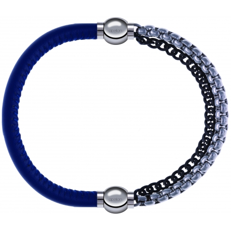 Apollon - Collection MiX - bracelet combinable cuir italien bleu - 10,25cm + chaines 2 tons noir et blancs - 10,25cm