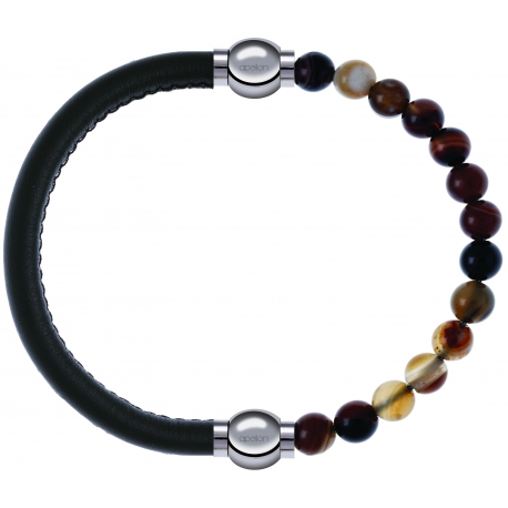 Apollon - Collection MiX - bracelet combinable cuir italien vert militaire - 10,25cm + agate marron 6mm - 10,25cm