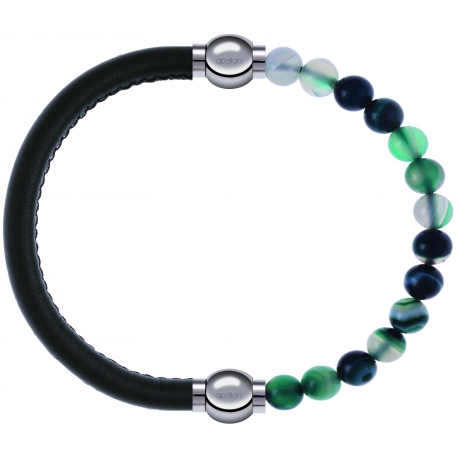 Apollon - Collection MiX - bracelet combinable cuir italien vert militaire - 10,25cm + agate indienne teintée 6mm - 10,25cm