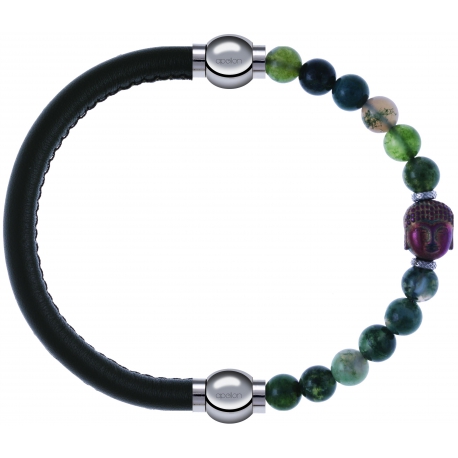 Apollon - Collection MiX - bracelet combinable cuir italien vert militaire - 10,25cm + agate verte 6mm - Bouddha - 10cm