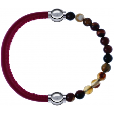 Apollon - Collection MiX - bracelet combinable cuir italien rouge - 10,25cm + agate marron 6mm - 10,25cm