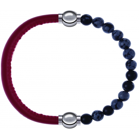 Apollon - Collection MiX - bracelet combinable cuir italien rouge - 10,25cm + obsidienne neige 6mm - 10,25cm