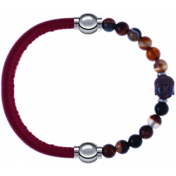 Apollon - Collection MiX - bracelet combinable cuir italien rouge - 10,25cm + agate marron 6mm - Bouddha - 10cm