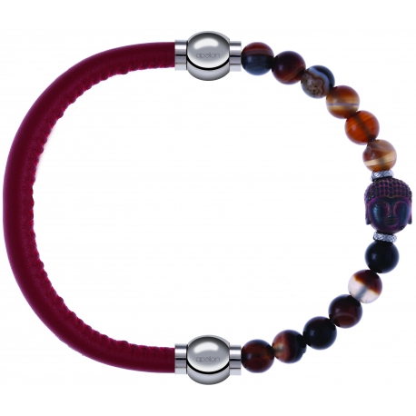 Apollon - Collection MiX - bracelet combinable cuir italien rouge - 10,25cm + agate marron 6mm - Bouddha - 10cm