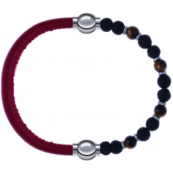Apollon - Collection MiX - bracelet combinable cuir italien rouge - 10,25cm + oeil de tigre - pierre de lave 6mm - 10,75cm