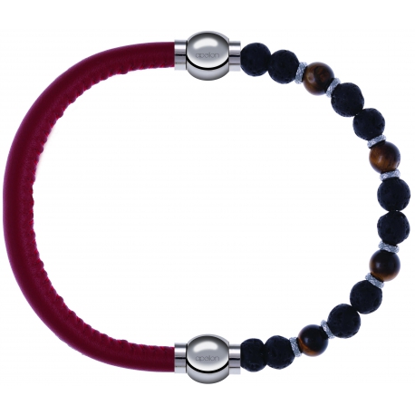 Apollon - Collection MiX - bracelet combinable cuir italien rouge - 10,25cm + oeil de tigre - pierre de lave 6mm - 10,75cm