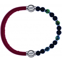 Apollon - Collection MiX - bracelet combinable cuir italien rouge - 10,25cm + agate teintée verte - pierre de lave 6mm - 10,75cm