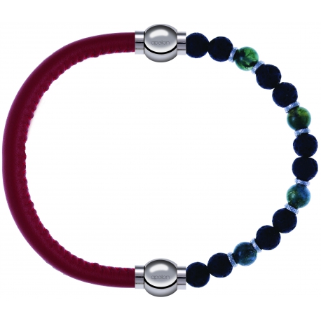 Apollon - Collection MiX - bracelet combinable cuir italien rouge - 10,25cm + agate teintée verte - pierre de lave 6mm - 10,75cm