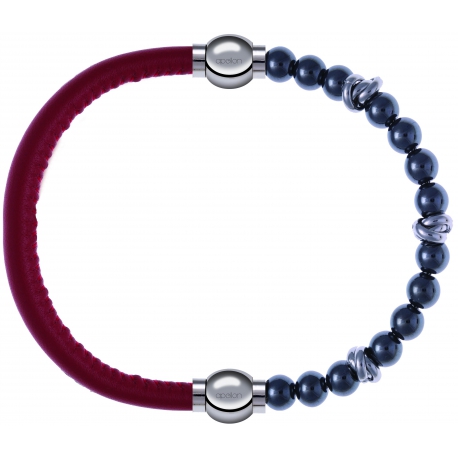 Apollon - Collection MiX - bracelet combinable cuir italien rouge - 10,25cm + hématite 6mm - 10cm