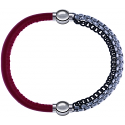 Apollon - Collection MiX - bracelet combinable cuir italien rouge - 10,25cm + chaines 2 tons noir et blancs - 10,25cm