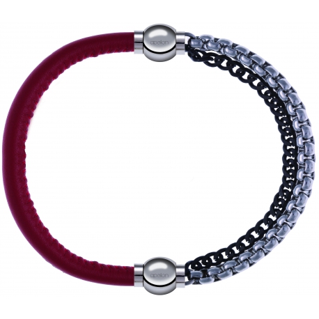 Apollon - Collection MiX - bracelet combinable cuir italien rouge - 10,25cm + chaines 2 tons noir et blancs - 10,25cm