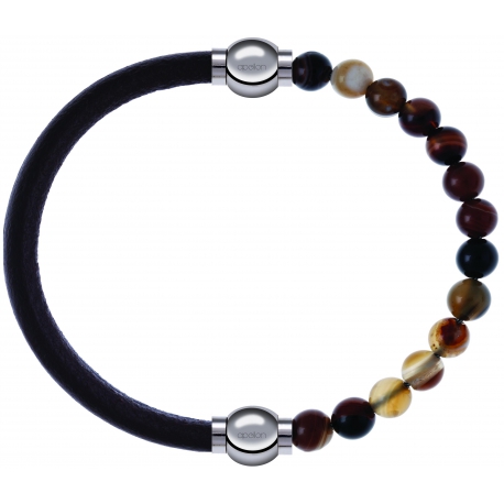 Apollon - Collection MiX - bracelet combinable cuir italien marron foncé - 10,25cm + agate marron 6mm - 10,25cm