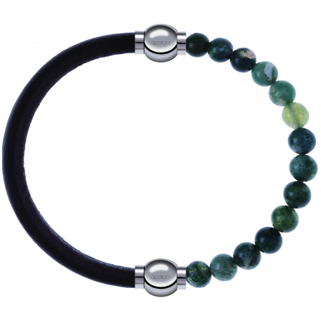 Apollon - Collection MiX - bracelet combinable cuir italien marron foncé - 10,25cm + agate verte mousse 6mm - 10,25cm