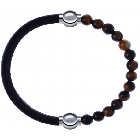Apollon - Collection MiX - bracelet combinable cuir italien marron foncé - 10,25cm + oeil de tigre 6mm - 10,25cm