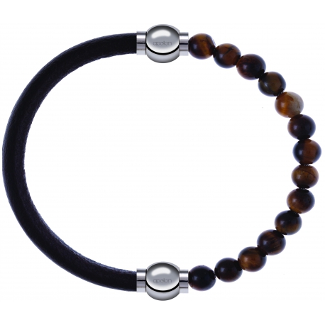 Apollon - Collection MiX - bracelet combinable cuir italien marron foncé - 10,25cm + oeil de tigre 6mm - 10,25cm