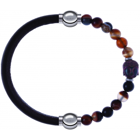 Apollon - Collection MiX - bracelet combinable cuir italien marron foncé - 10,25cm + agate marron 6mm - Bouddha - 10cm