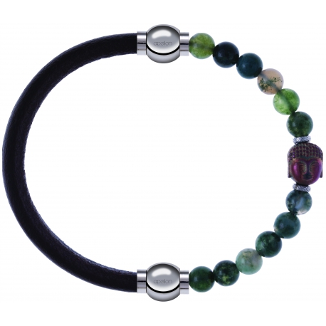 Apollon - Collection MiX - bracelet combinable cuir italien marron foncé - 10,25cm + agate verte 6mm - Bouddha - 10cm