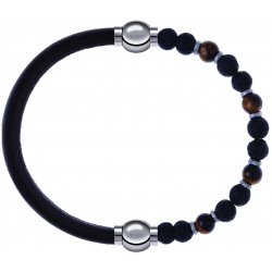 Apollon - Collection MiX - bracelet combinable cuir italien marron foncé - 10,25cm +oeil de tigre - pierre de lave 6mm - 10,75cm