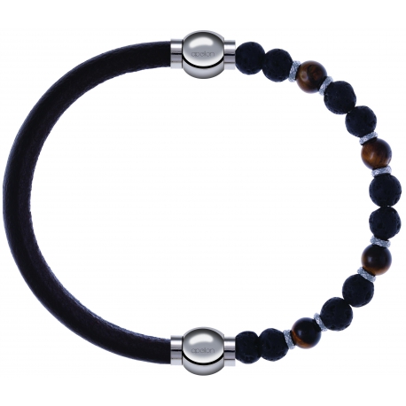 Apollon - Collection MiX - bracelet combinable cuir italien marron foncé - 10,25cm +oeil de tigre - pierre de lave 6mm - 10,75cm