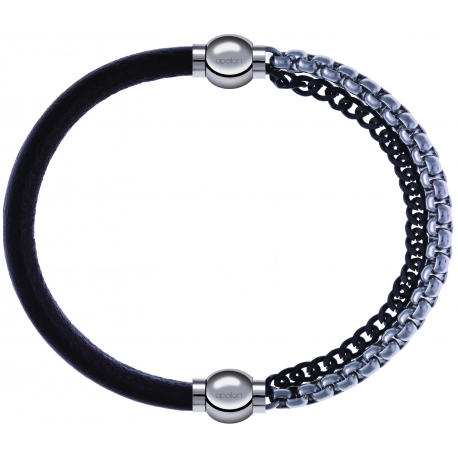 Apollon - Collection MiX - bracelet combinable cuir italien marron foncé - 10,25cm + chaines 2 tons noir et blancs - 10,25cm