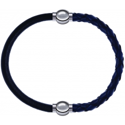 Apollon - Collection MiX - bracelet combinable cuir italien noir - 10,25cm + cuir tressé italien bleu - 10,5cm