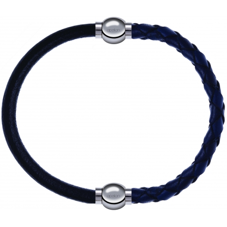 Apollon - Collection MiX - bracelet combinable cuir italien noir - 10,25cm + cuir tressé italien bleu - 10,5cm
