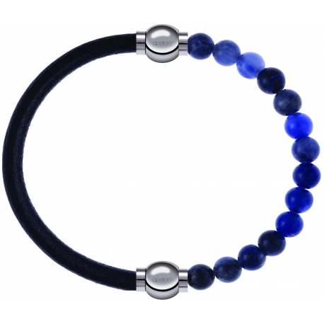 Apollon - Collection MiX - bracelet combinable cuir italien noir - 10,25cm + sodalite 6mm - 10,25cm