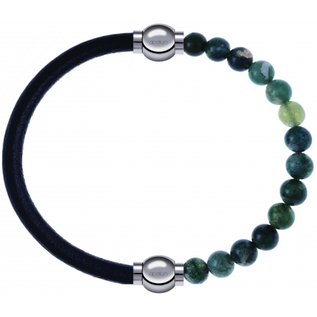 Apollon - Collection MiX - bracelet combinable cuir italien noir - 10,25cm + agate verte mousse 6mm - 10,25cm