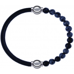 Apollon - Collection MiX - bracelet combinable cuir italien noir - 10,25cm + obsidienne neige 6mm - 10,25cm