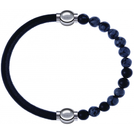 Apollon - Collection MiX - bracelet combinable cuir italien noir - 10,25cm + obsidienne neige 6mm - 10,25cm