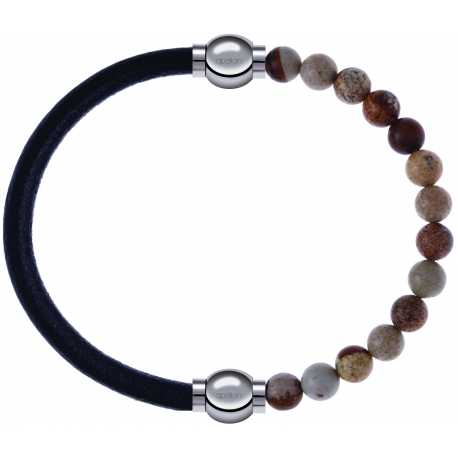 Apollon - Collection MiX - bracelet combinable cuir italien noir - 10,25cm + agate jaspe 6mm - 10,25cm