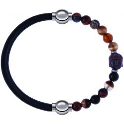 Apollon - Collection MiX - bracelet combinable cuir italien noir - 10,25cm + agate marron 6mm - Bouddha - 10cm
