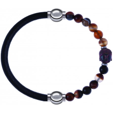 Apollon - Collection MiX - bracelet combinable cuir italien noir - 10,25cm + agate marron 6mm - Bouddha - 10cm