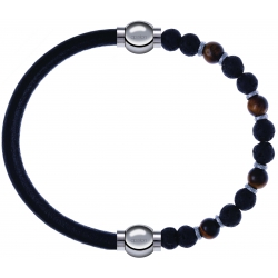 Apollon - Collection MiX - bracelet combinable cuir italien noir - 10,25cm + oeil de tigre - pierre de lave 6mm - 10,75cm
