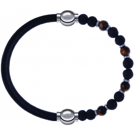 Apollon - Collection MiX - bracelet combinable cuir italien noir - 10,25cm + oeil de tigre - pierre de lave 6mm - 10,75cm