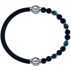 Apollon - Collection MiX - bracelet combinable cuir italien noir - 10,25cm + agate teintée verte - pierre de lave 6mm - 10,75cm