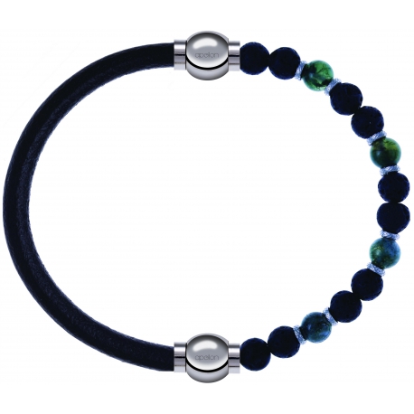 Apollon - Collection MiX - bracelet combinable cuir italien noir - 10,25cm + agate teintée verte - pierre de lave 6mm - 10,75cm