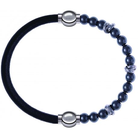 Apollon - Collection MiX - bracelet combinable cuir italien noir - 10,25cm + hématite 6mm - 10cm