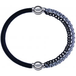 Apollon - Collection MiX - bracelet combinable cuir italien noir - 10,25cm + chaines 2 tons noir et blancs - 10,25cm