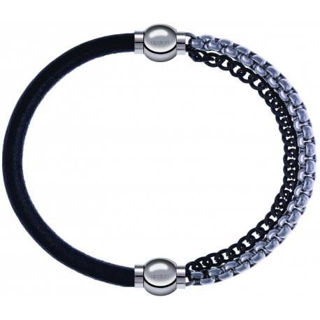 Apollon - Collection MiX - bracelet combinable cuir italien noir - 10,25cm + chaines 2 tons noir et blancs - 10,25cm