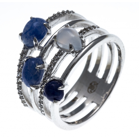 Bague argent rhodié 5g - calcédoine - quartz bleu - sodalite - zircons - T50 à 60