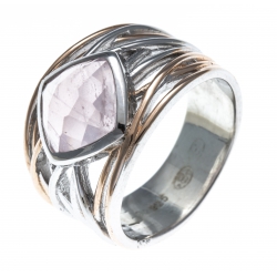 Bague argent rhodié 6,4g - 2 tons - rosé et rhodié - quartz rose - T52 â  T60