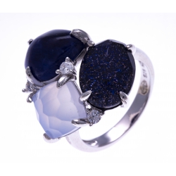 Bague argent rhodié 5,1g - sodalite - verre aventuriné - quartz fondu - calcédoine - zircons - T52 à T60